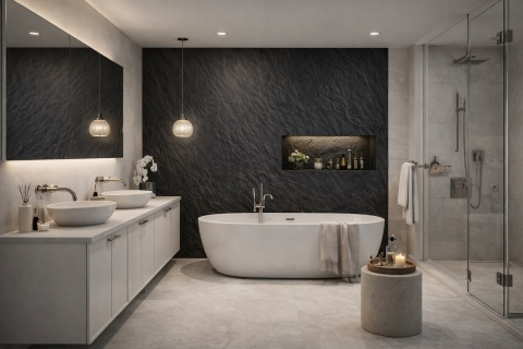 Nowoczesna łazienka z dekoracyjną ścianą ze spieku Laminam Ardesia Nero a Spacco za wanną.