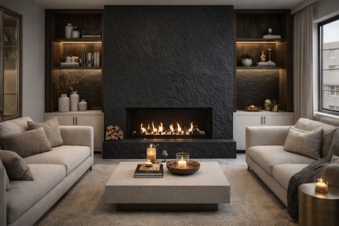 Kominek obudowany spiekiem Laminam Ardesia Nero a Spacco w nowoczesnym salonie z jasnymi meblami.