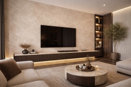 Nowoczesny salon z ścianką RTV w spieku Diamond Cream, drewnianą zabudową, ciepłym oświetleniem i eleganckimi dodatkami.