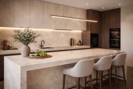 Nowoczesna kuchnia z wyspą i blatami ze spieku Diamond Cream, drewnianą zabudową i ciepłym oświetleniem LED.