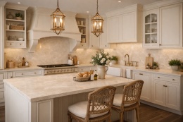 Kuchnia w stylu prowansalskim z jasnymi frontami, blatami ze spieku Diamond Cream i klasycznymi, eleganckimi detalami.