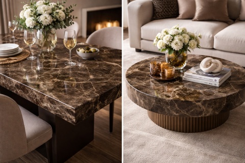 Stół jadalniany i stolik kawowy ze spieku Emperador Extra, eleganckie wnętrze z beżowymi meblami i dekoracjami.