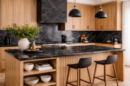 Nowoczesna kuchnia z jasnymi drewnianymi meblami, blatami ze spieku Nero Greco i czarnymi dodatkami.