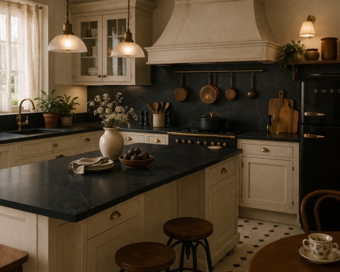 Retro kuchnia z kremowymi frontami i blatami ze spieku Nero Greco, czarne i złote dodatki oraz przytulne oświetlenie.