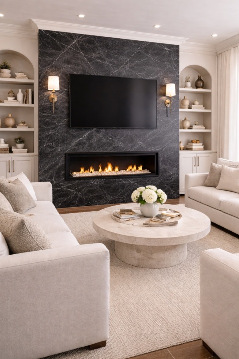 Salon z kominkiem w ścianie ze spieku Nero Greco, kremowe miękkie sofy i elegancki stolik kawowy w jasnym kamieniu.