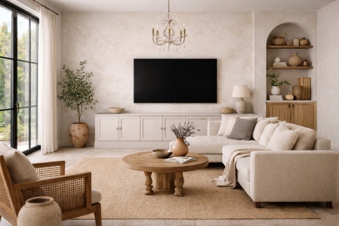 salon w stylu prowansalskim ze ścianą dekoracyjną w spieku Oxide Bianco