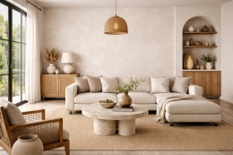 salon w stylu boho ze ścianką dekoracyjną ze spieku Oxide Bianco