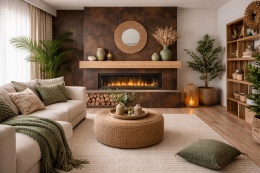 Salon w stylu boho z kominkiem wykończonym spiekiem Laminam Ossido Bruno oraz zielonymi roślinami i naturalnymi dodatkami