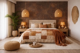 Sypialnia w stylu boho z dekoracyjną ścianą ze spieku Laminam Ossido Bruno, patchworkową narzutą i plecionymi dodatkami