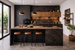 Loftowa kuchnia z wyspą i ścianą wykończoną spiekiem Laminam Ossido Nero, czarną zabudową i drewnianymi akcentami