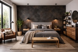 Loftowa sypialnia z dekoracyjną ścianą ze spieku Laminam Ossido Nero, ciemnymi dodatkami i drewnianymi meblami
