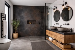 Loftowa łazienka z dekoracyjną ścianą ze spieku Laminam Ossido Nero, białymi ścianami i czarną armaturą