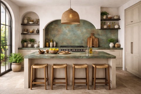 Kuchnia w stylu śródziemnomorskim ze spiekiem Laminam Ossido Verderame, jasną zabudową, drewnem i naturalnymi dodatkami