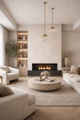 Salon z kominkiem wykończonym spiekiem Laminam Rare Marfil, z jasnobeżowymi meblami i eleganckimi dodatkami