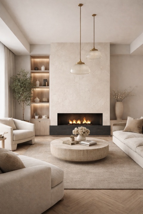 Salon z kominkiem wykończonym spiekiem Laminam Rare Marfil, z jasnobeżowymi meblami i eleganckimi dodatkami