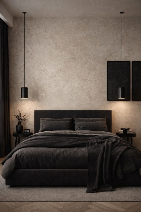Sypialnia z dekoracyjną ścianą ze spieku Marfil, czarnografitową tapicerowaną kapą łóżka i ciemnymi dodatkami