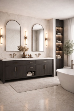 Łazienka ze ścianami ze spieku Mont Blanc, ciemnymi szafkami pod umywalki i elegancką, jasną strefą kąpielową