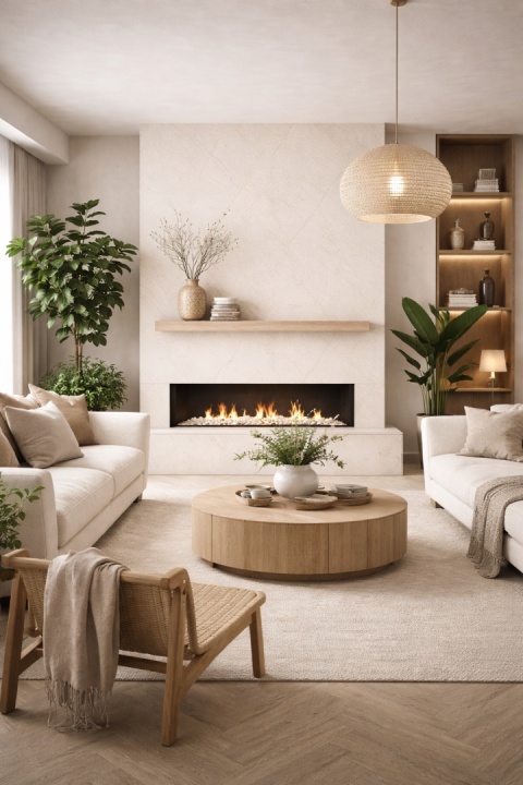 Salon w stylu japandi z kominkiem wykończonym spiekiem Perlino Bianco oraz naturalnymi roślinami i jasnym drewnem