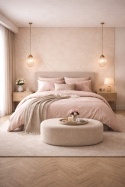 Kobieca sypialnia z dekoracyjną ścianą ze spieku Perlino Rosa, jasnoróżową pościelą i subtelnymi, eleganckimi dodatkami