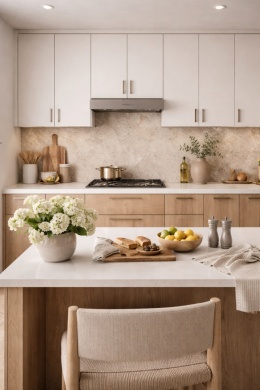 Przytulna kuchnia z przestrzenią między szafkami wykończoną spiekiem Pietra Di Grè oraz naturalnymi dodatkami codziennego użytku