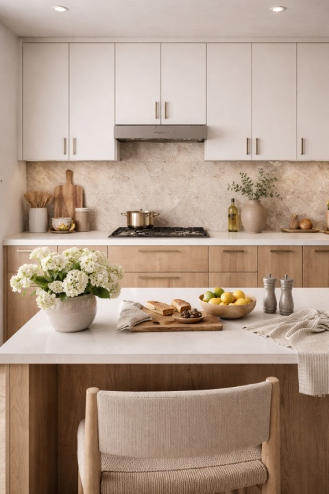 Przytulna kuchnia z przestrzenią między szafkami wykończoną spiekiem Pietra Di Grè oraz naturalnymi dodatkami codziennego użytku