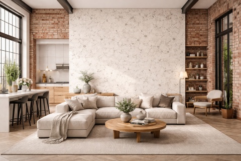 Duże wnętrze loftowe z czerwonymi cegłami i główną ścianą wykończoną spiekiem Pietra Di Grè Fine