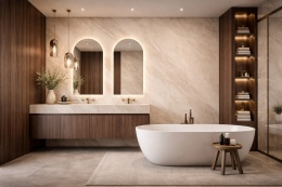 Elegancka łazienka z dekoracyjną ścianą ze spieku Taj Mahal, jasnymi i ciemniejszymi akcentami drewna oraz mosiężnymi detalami