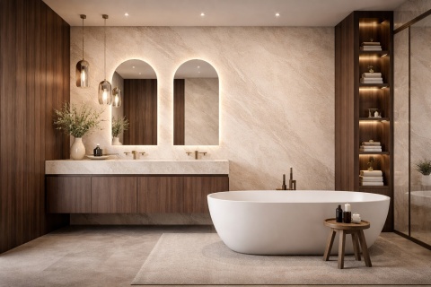 Elegancka łazienka z dekoracyjną ścianą ze spieku Taj Mahal, jasnymi i ciemniejszymi akcentami drewna oraz mosiężnymi detalami