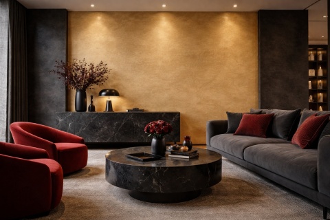 Elegancki salon z dekoracyjną ścianą ze spieku Seta Or, czarnymi meblami oraz czerwonymi fotelami i dodatkami