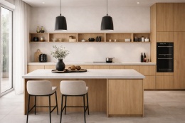 Nowoczesna kuchnia ze spiekiem Marazzi Cementum Ash na blatach, jasnym drewnem i czarnymi dodatkami