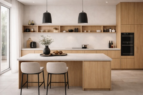 Nowoczesna kuchnia ze spiekiem Marazzi Cementum Ash na blatach, jasnym drewnem i czarnymi dodatkami