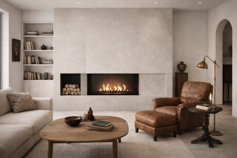 Nowoczesny salon z kominkiem w spieku Marazzi Cementum Ash, jasną sofą i dodatkami w stylu vintage