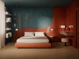 Sypialnia z okładziną Marazzi Grande Lume Magma Lux w ciepłym odcieniu rdzy i terakoty