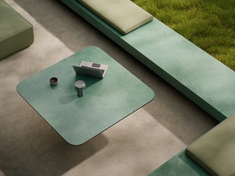 Stolik z płytą Marazzi Grande Lume Malachite Lux w tonacji zieleni, petrolu i delikatnego turkusu