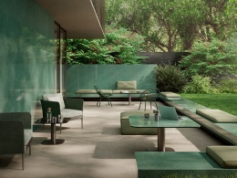 Taras z okładziną Marazzi Grande Lume Malachite Lux w zielonym odcieniu inspirowanym malachitem