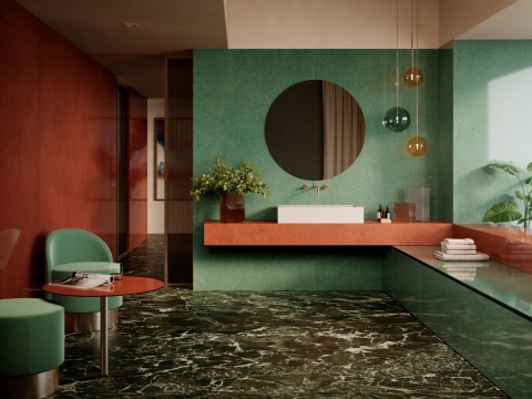 łazienka z okładziną Marazzi Grande Lume Malachite Lux w zielonym odcieniu inspirowanym malachitem