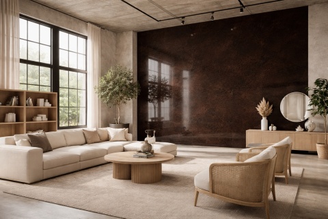 Loftowy salon z jedną ścianą w spieku Marazzi Ossidiana, jasnymi meblami i dużymi industrialnymi oknami