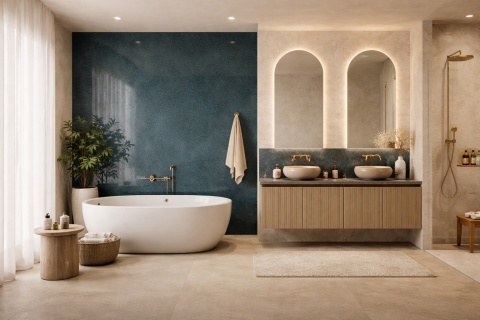 Nowoczesna łazienka z jedną ścianą w spieku Marazzi Petrolio, jasną ceramiką i eleganckim, minimalistycznym wystrojem