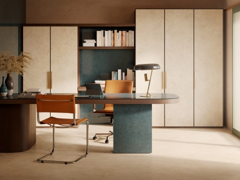 Domowe biuro z biurkiem i zabudową z płyty Marazzi Grande Lume Petrolio Lux w odcieniu petrolu