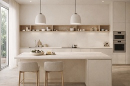 Nowoczesna kuchnia z blatami Marazzi Pomice w kremowym odcieniu, jasną zabudową i minimalistycznym wystrojem