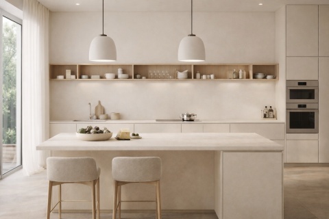 Nowoczesna kuchnia z blatami Marazzi Pomice w kremowym odcieniu, jasną zabudową i minimalistycznym wystrojem