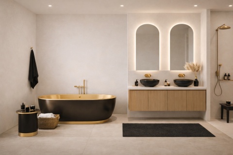 Minimalistyczna łazienka bez okna z płytą Marazzi Pomice w kremowym odcieniu, jasną wanną i drewnianą zabudową