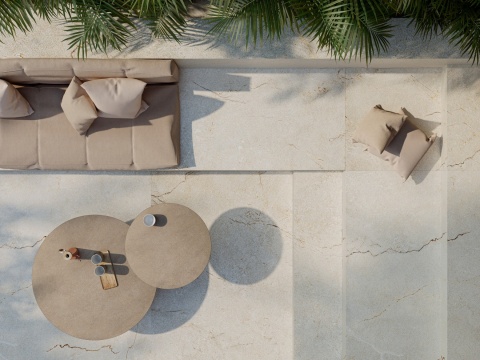 Nowoczesna strefa wypoczynkowa z podłogą i schodami w dekorze Pietra Di Sicilia Bianco