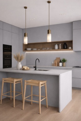 Nowoczesna kuchnia z wyspą wykończoną spiekiem Restile Lava w jednolitym jasnoszarym odcieniu