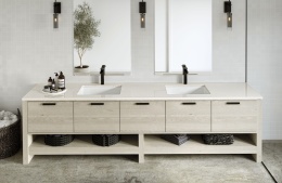 Silestone Linen Cream - kremową barwą z delikatnymi, subtelnymi żyłkami. Blat szafki łazienkowej