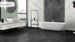 Keralini Boulevard Black naturale jako ciemna ściana i podłoga w nowoczesnej łazience