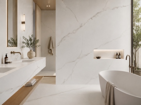 Keralini Calacatta Oro 12 mm na blacie, zabudowie i ścianie w eleganckiej łazience spa