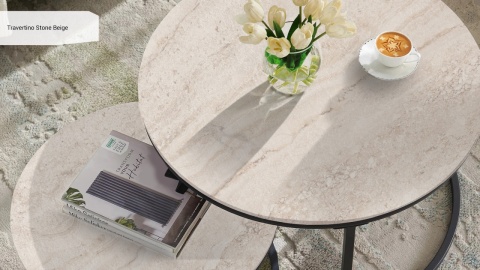 Blaty stolika kawowego wykonane z beżowego spieku Travertino Stone Beige