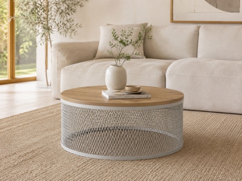 Rivela z laminowanym blatem Dąb Lancelot i kaszmirową metalową podstawą w eleganckim salonie