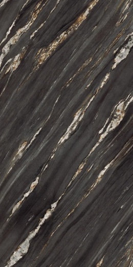 SapienStone Kuroca 4D Polished z ciemną bazą i podłużnym złoto-szarym użyleniem